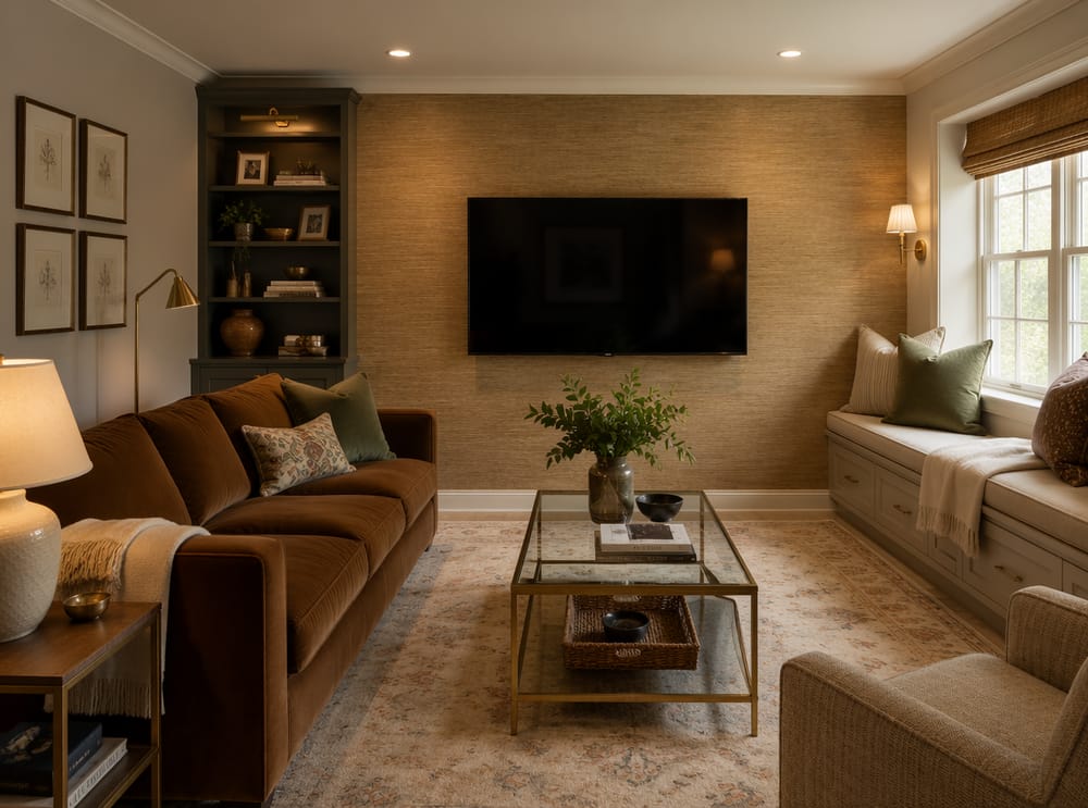 Grasscloth wallpaper wraps TV in warm texture
