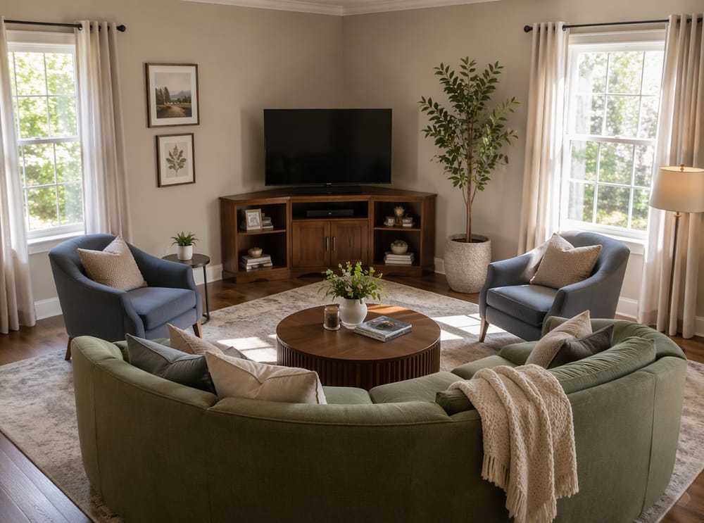 Corner media unit angles TV toward curved sofa