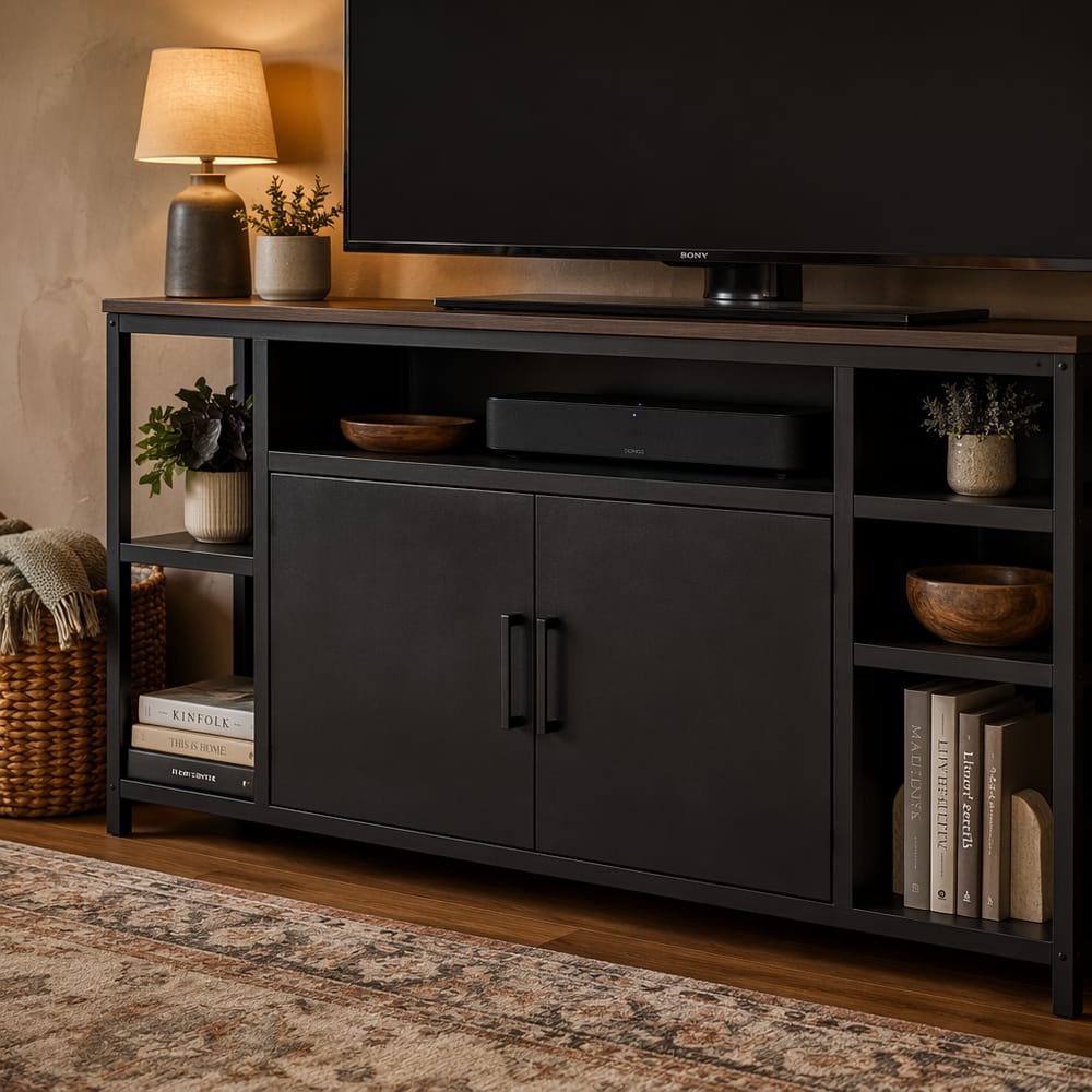 Matte black console keeps cables and clutter hidden