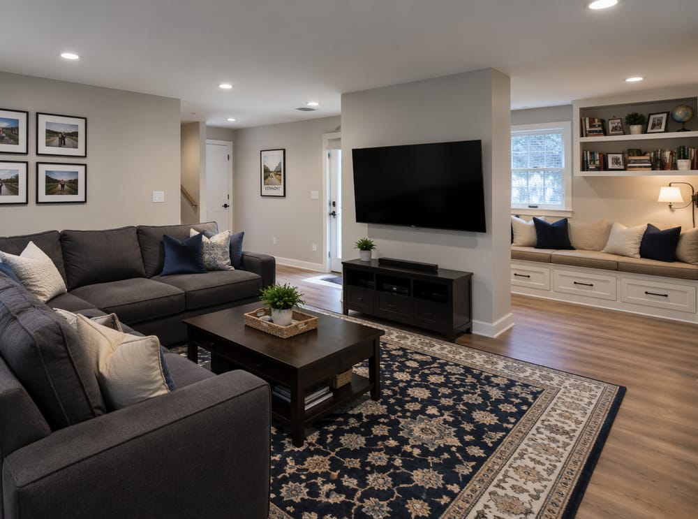 Swivel mount TV serves sofa and reading nook
