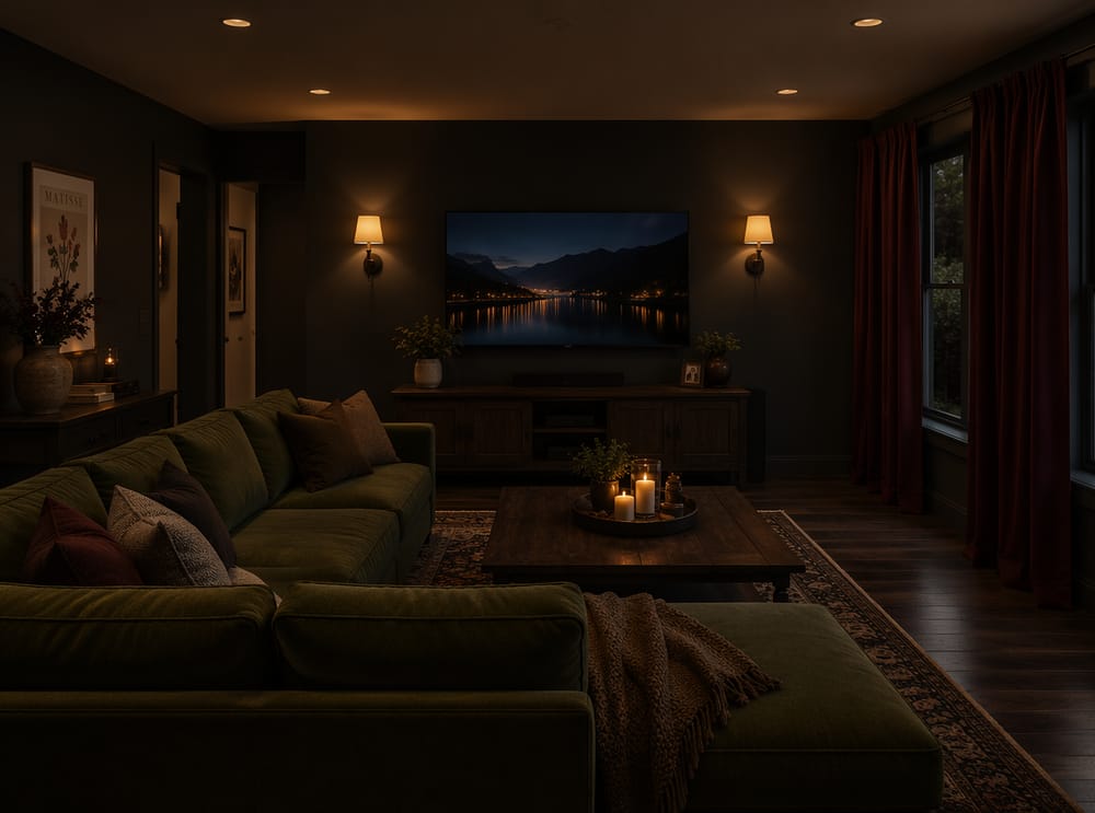Dimmed sconces and dark palette create evening mood
