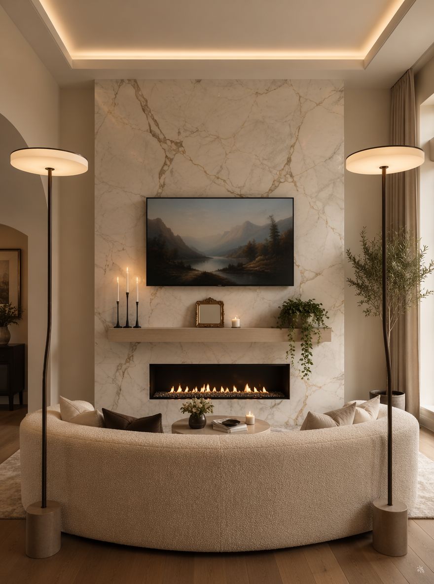 Marble tile unifies fireplace and TV surround
