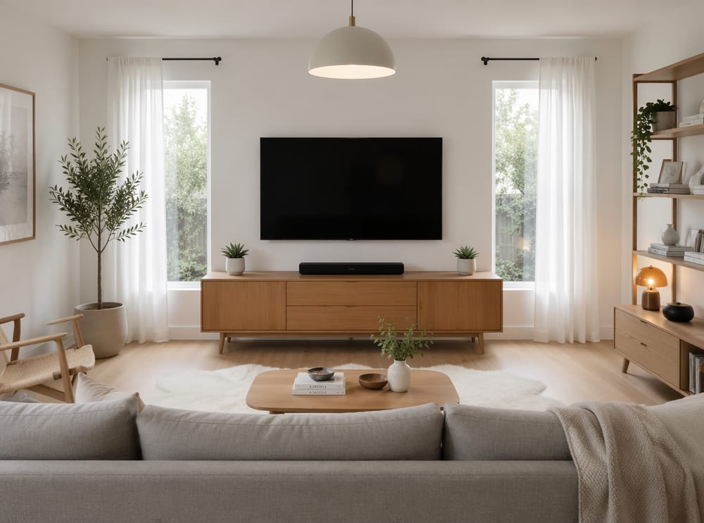 Windows flank TV in symmetrical Scandinavian arrangement