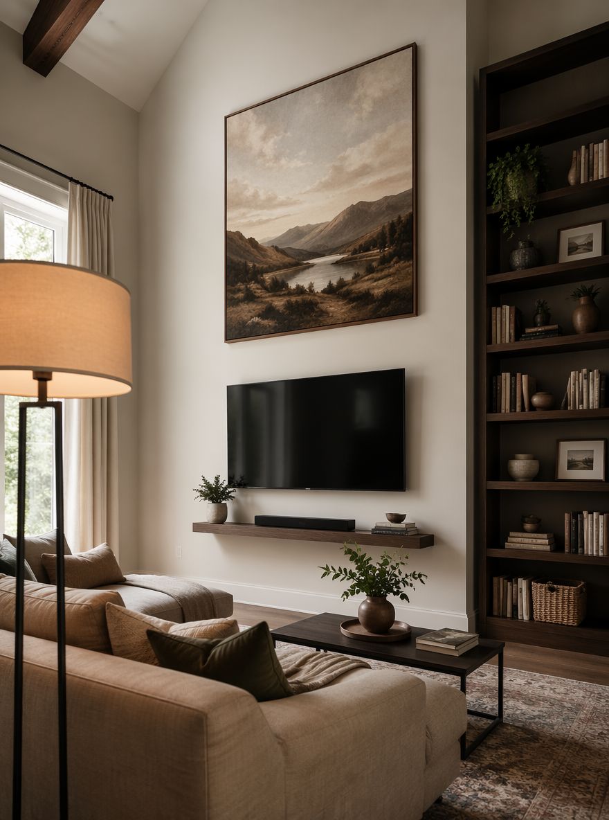 Large canvas above TV draws eye upward