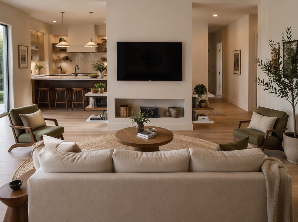 Structural column positions TV between two living zones