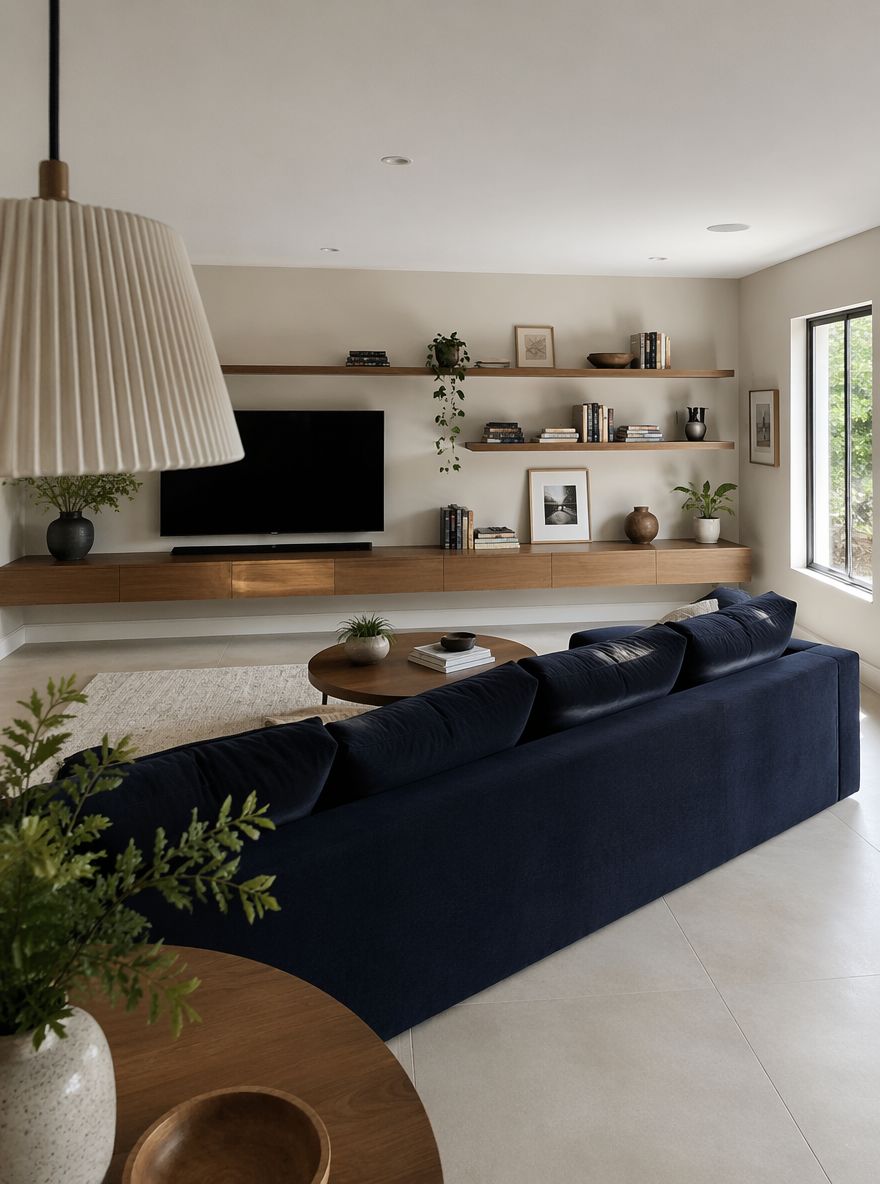 Off-center TV shares long floating shelf with objects