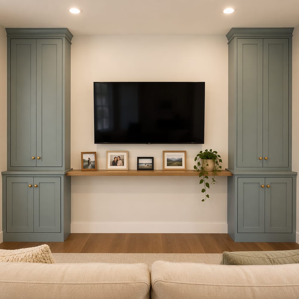 Symmetrical painted cabinets flank TV with brass detail