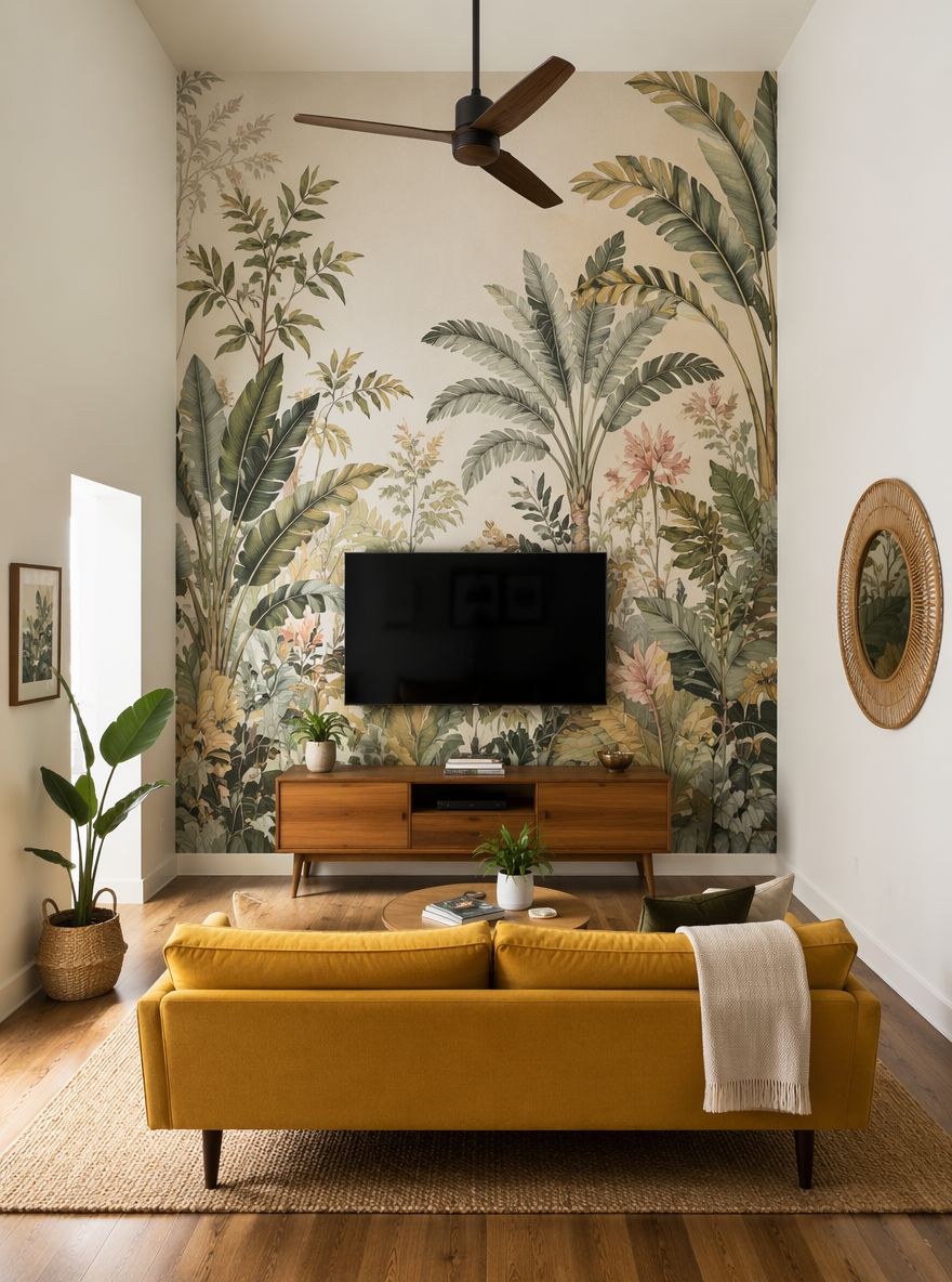 Botanical mural wallpaper surrounds mounted TV