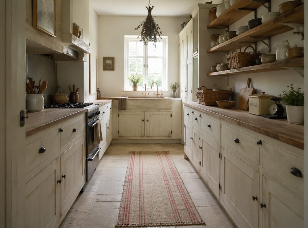 Cocina de pasillo con utensilios de esmalte en estantes de madera abiertos