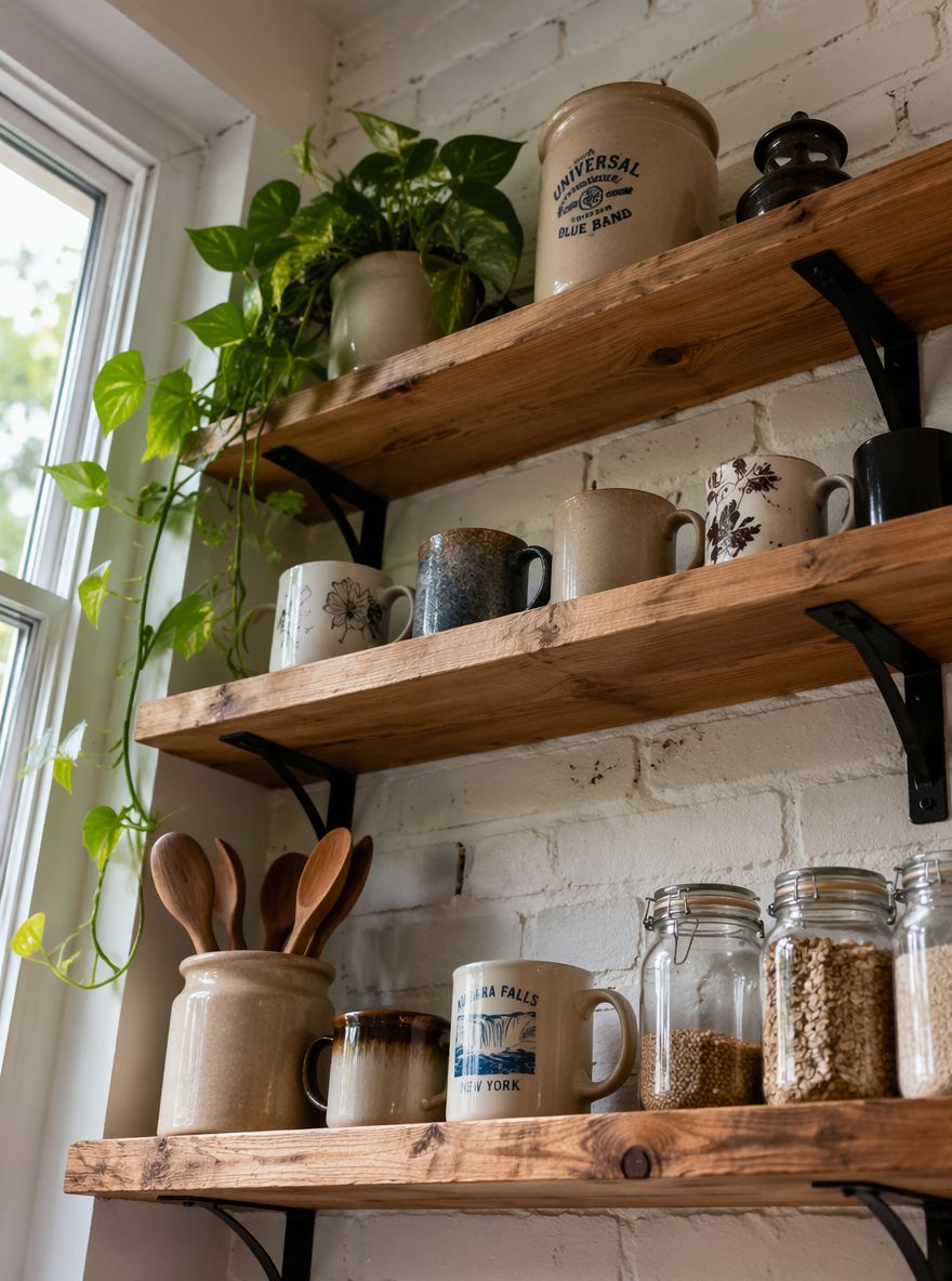 Estantes de pino con tazas, recipientes y planta colgante