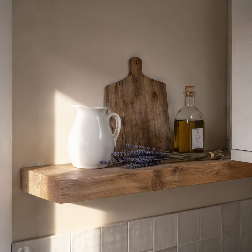 Estante de roble con jarra, tabla de cortar y lavanda seca