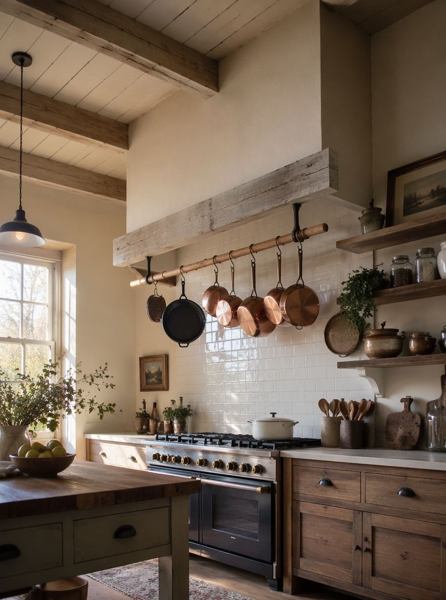 Colgador de ollas de madera sobre pared de cocina con azulejos blancos