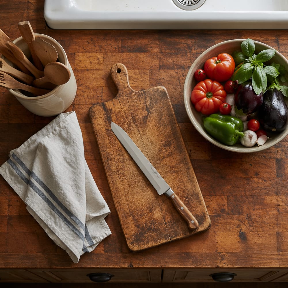 Bloque de carnicero gastado con cuchillo de pan y bol de verduras