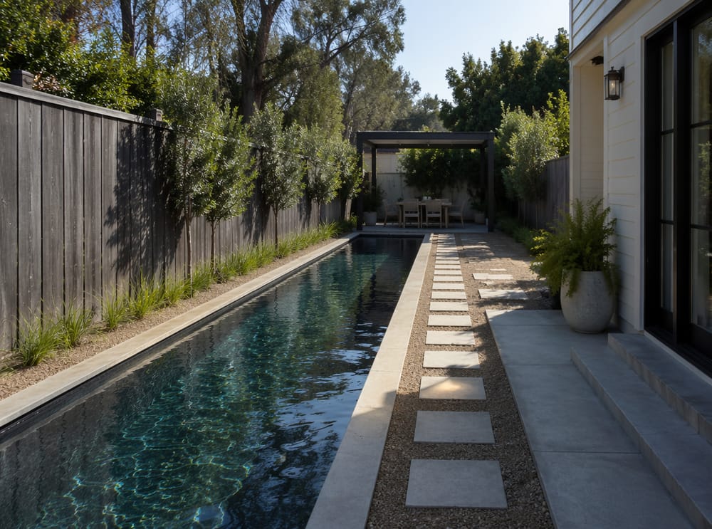 Piscina lunga per il nuoto che percorre tutto il giardino