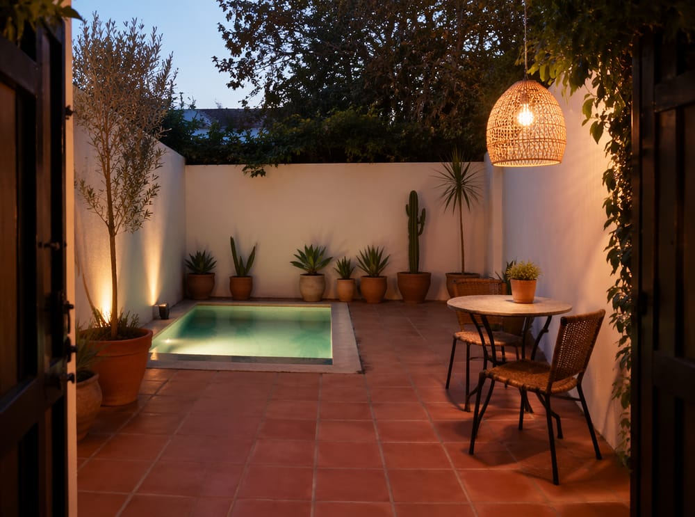 Mini piscina in un angolo di cortile recintato