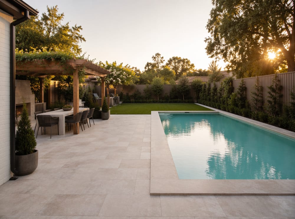 Pergolato pranzo accanto a piscina con bordo in travertino