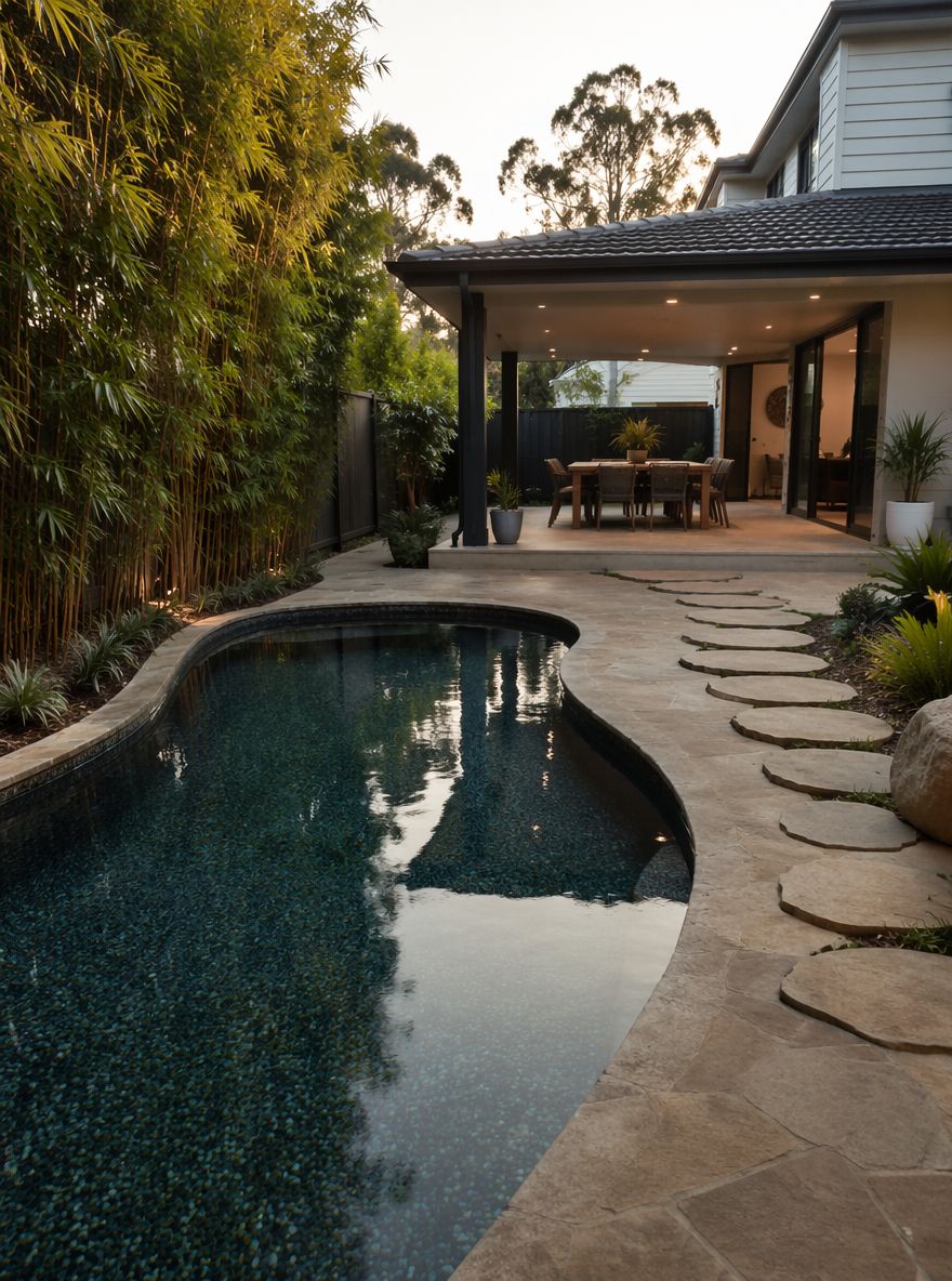 Piscina irregolare che porta alla zona pranzo coperta