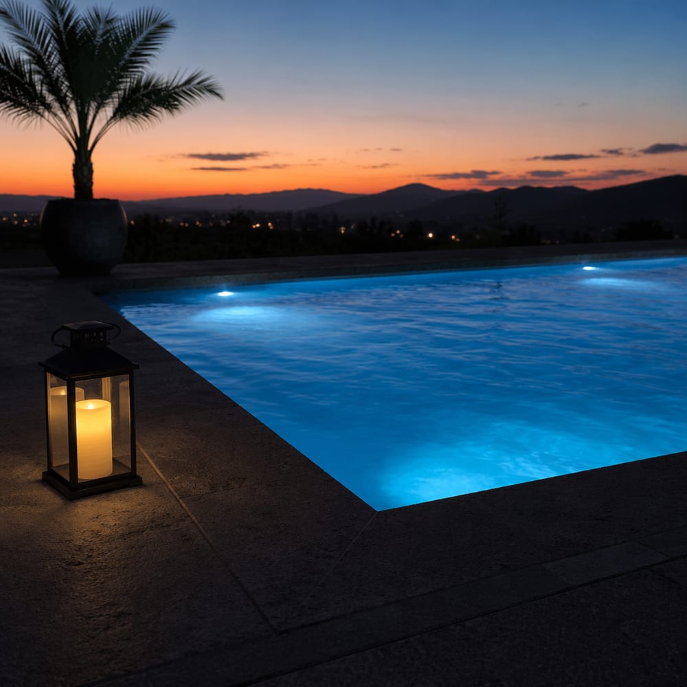 Angolo piscina illuminato a LED al tramonto