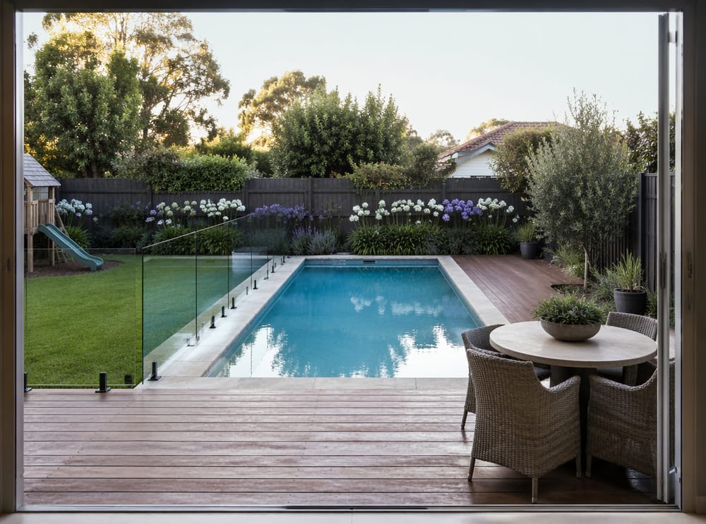 Piscina recintata in vetro accanto al prato di famiglia