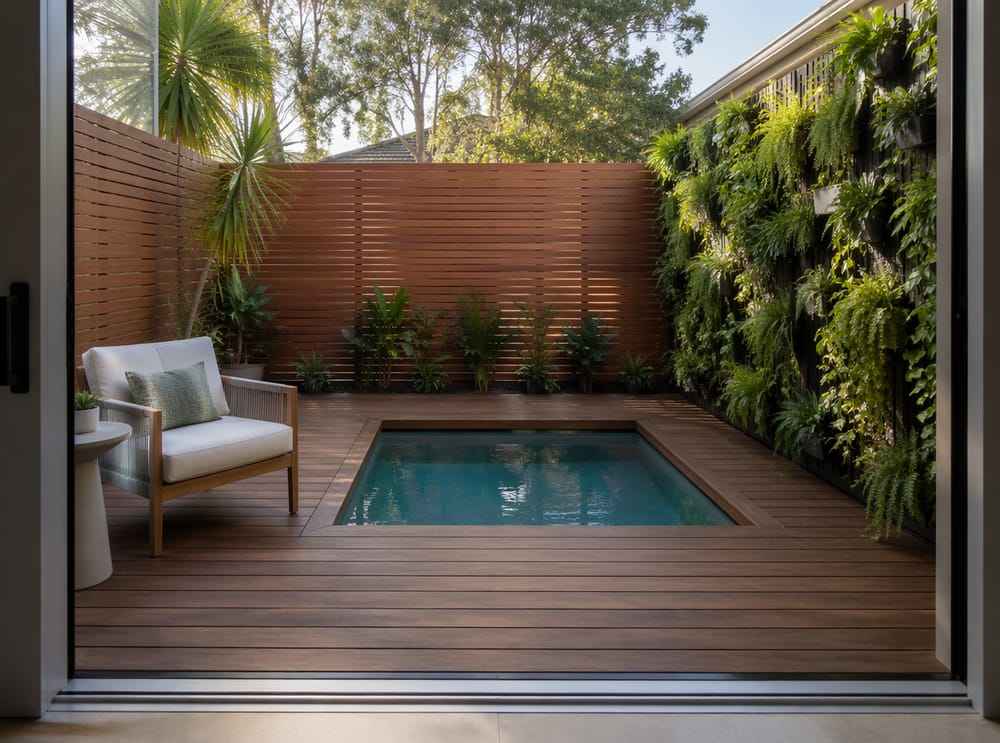 Mini piscina circondata da decking in legno continuo