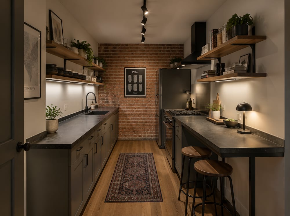 Pizarra oscura en ambas paredes de cocina urbana compacta