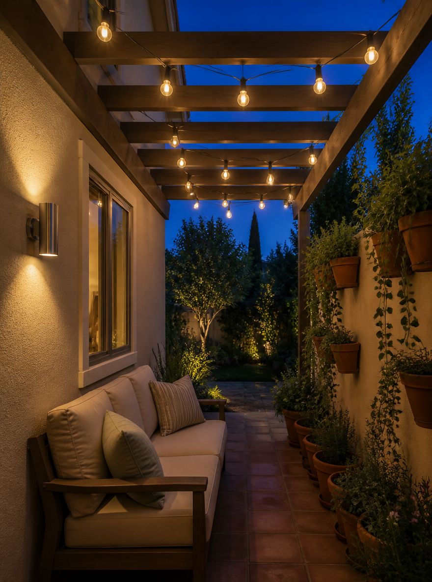 Luces globo colgadas en las vigas de la pérgola al atardecer