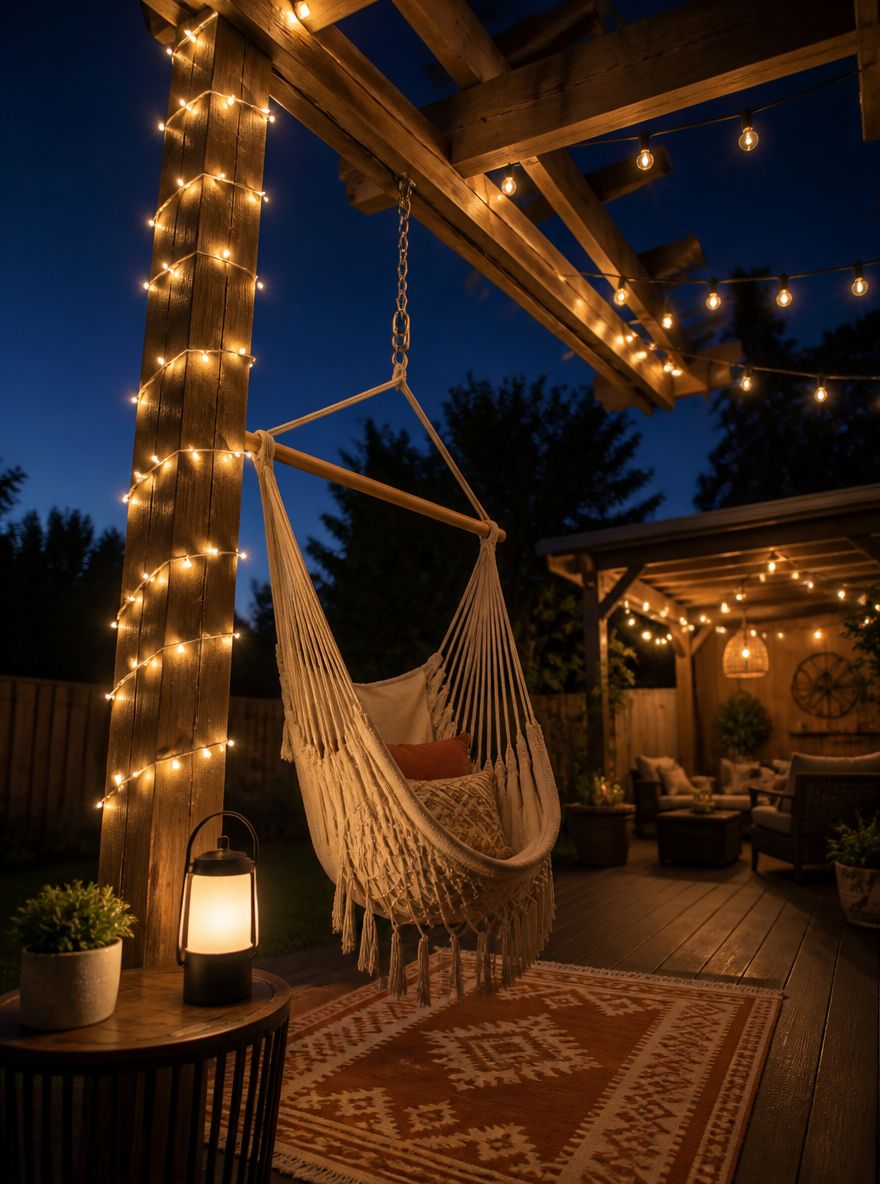 Guirnaldas de luces en espiral en columna de pérgola junto a hamaca