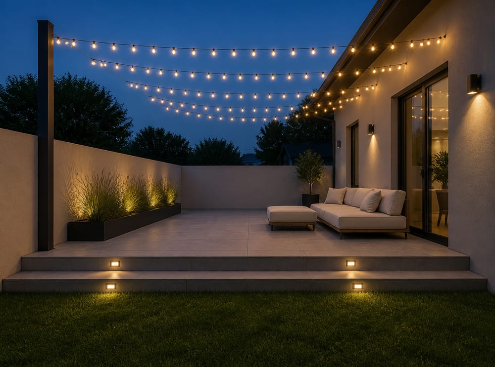 Luces empotradas en escalones bajo guirnaldas paralelas