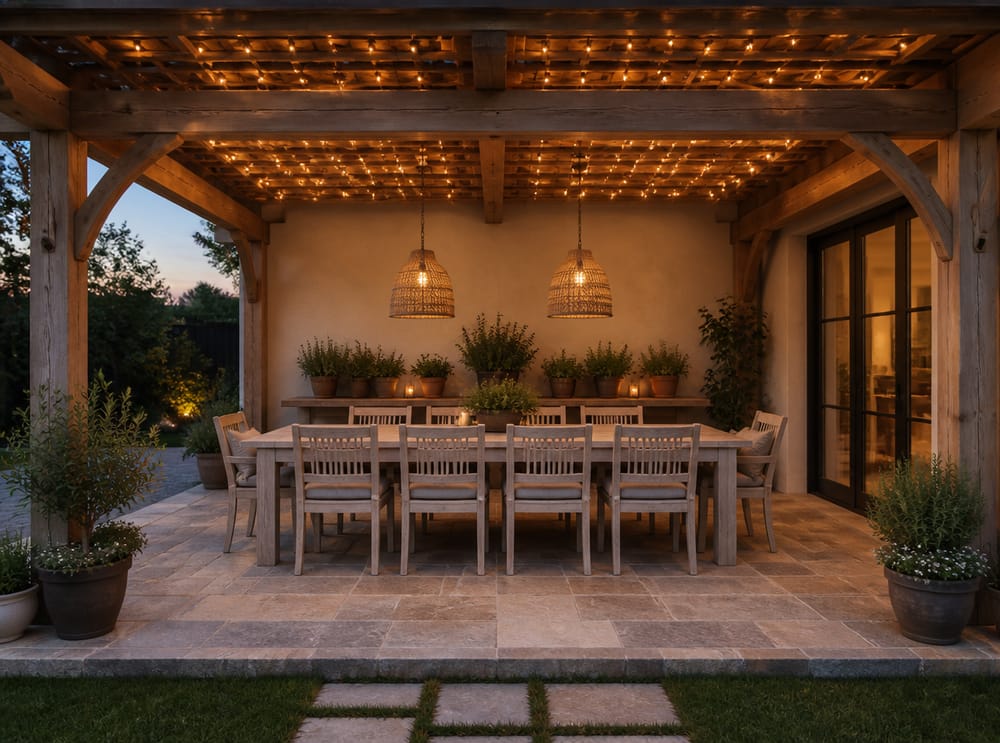 Lámparas de mimbre y luces de celosía sobre mesa blanqueada