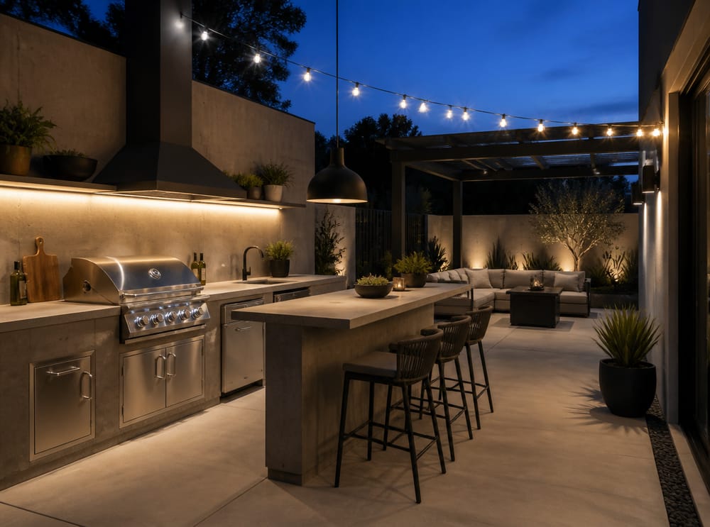 Tiras bajo gabinete iluminando cocina exterior de concreto