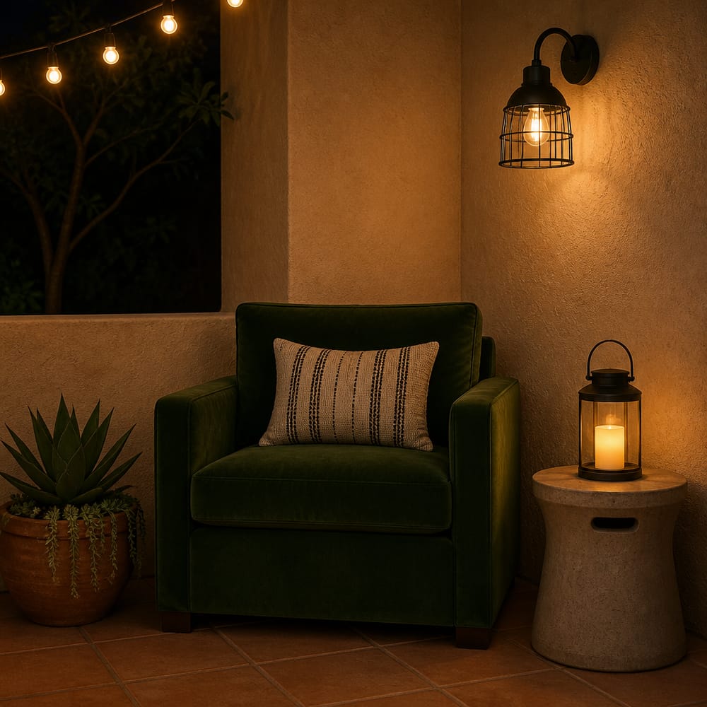 Sillón verde en esquina de estuco iluminada por aplique