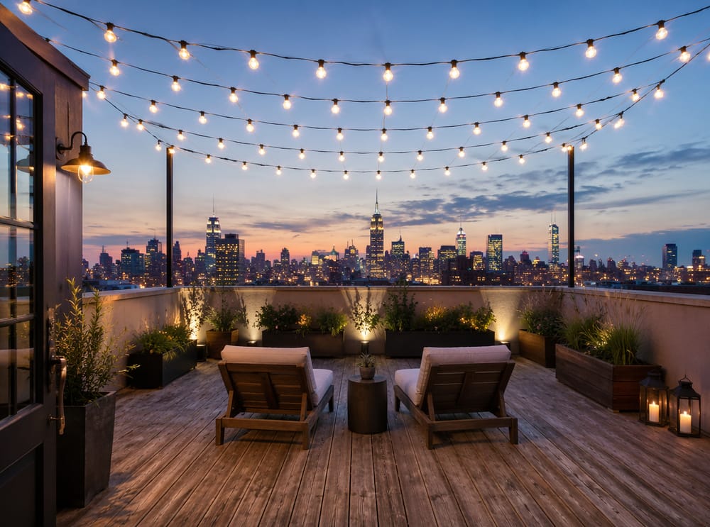Rooftop lichtgrid, skyline achter de dakrand