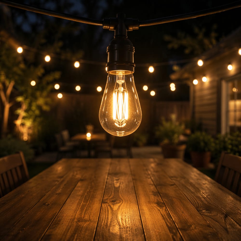 Enkele gloeilamp scherp boven houten tafel