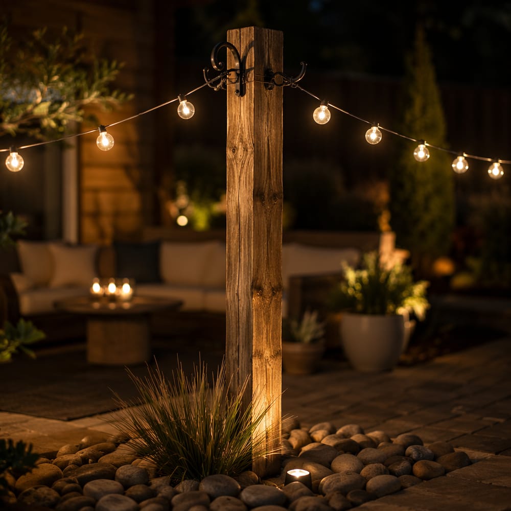 Houten paal als anker met kruislings lopende lichtstrengen
