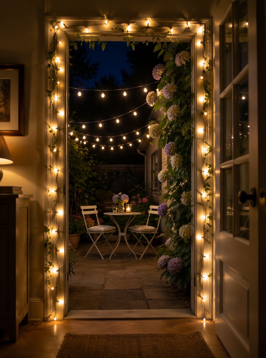 Lichtjes omlijsten de boog van het huisje terras