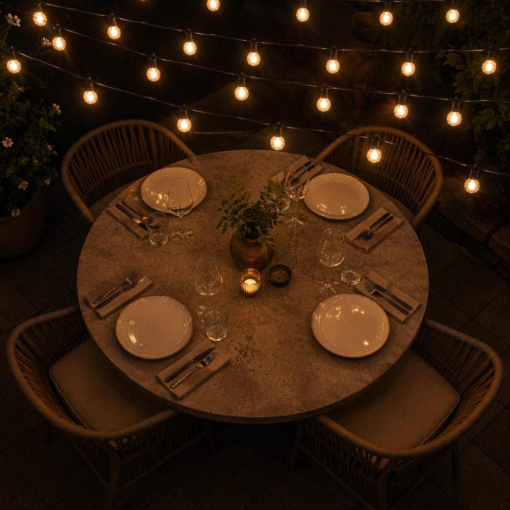 Overhead lichtgordijn boven ronde eettafel