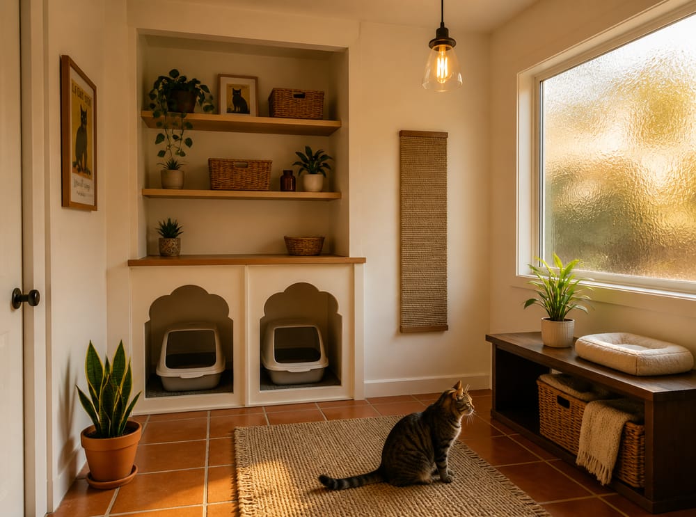 Built-in litter nook with arched entries and shelf above