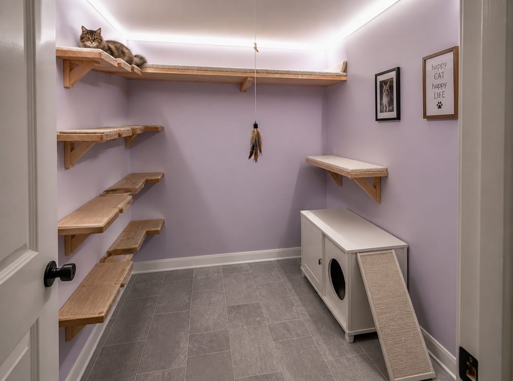 Walk-in closet converted with tiered platforms and litter cabinet