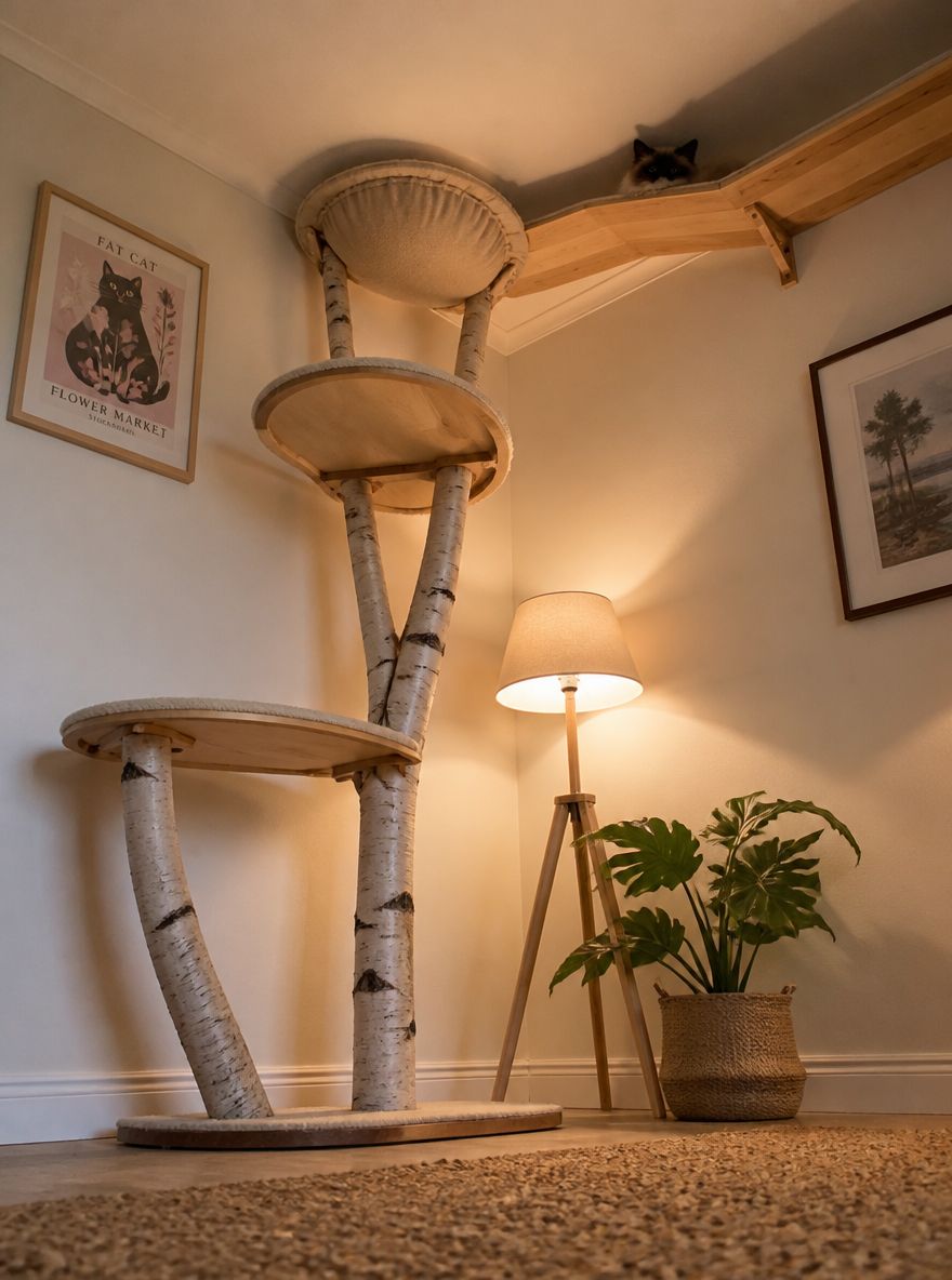 Birch cat tree connecting to ceiling-height wall shelf