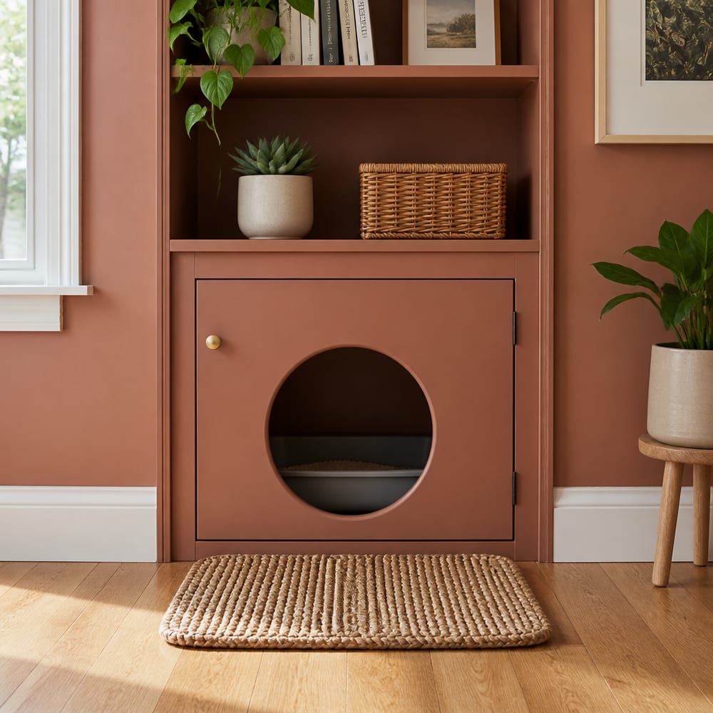 Litter nook hidden inside painted bookshelf base