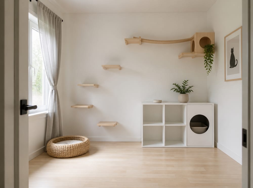 Minimalist ash shelf path above white litter cube