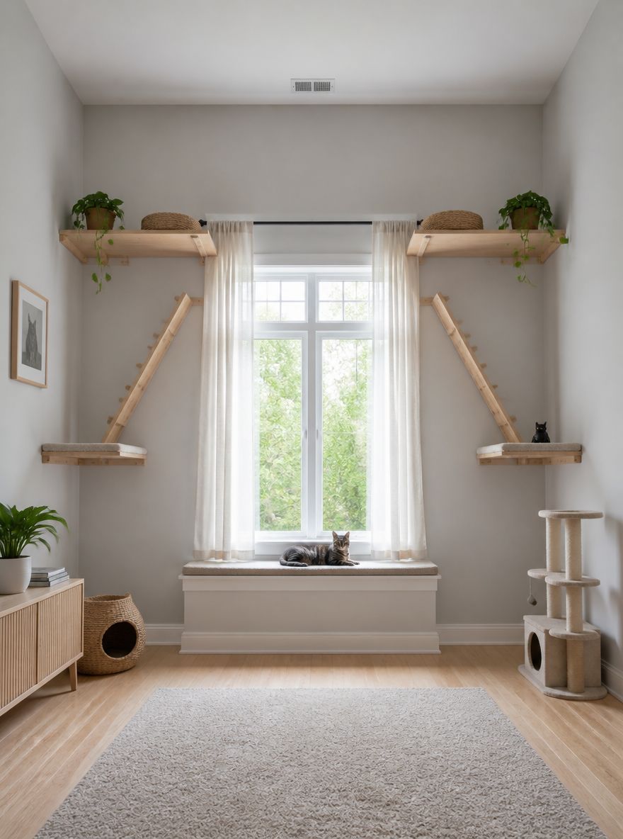 Extended window sill perch flanked by ceiling-height shelves