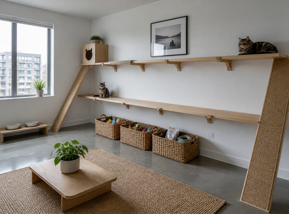 Wall-to-wall cat highway above wicker toy storage
