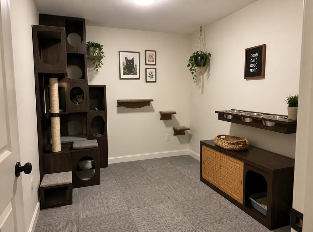 Espresso cat condo beside wall-mounted feeding station