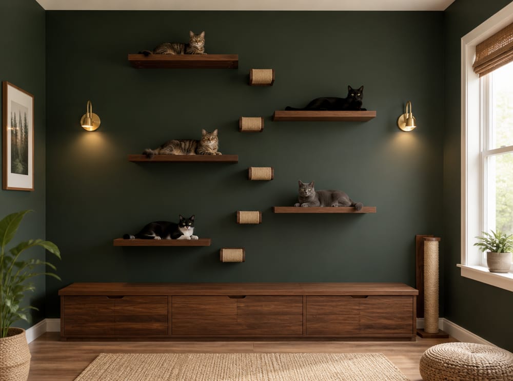 Staggered walnut shelves above hinged litter bench