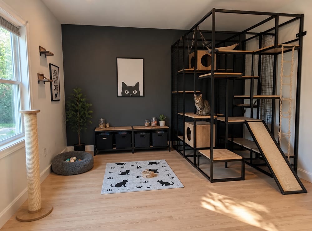 Black metal climbing frame with rope ladder and slide ramp