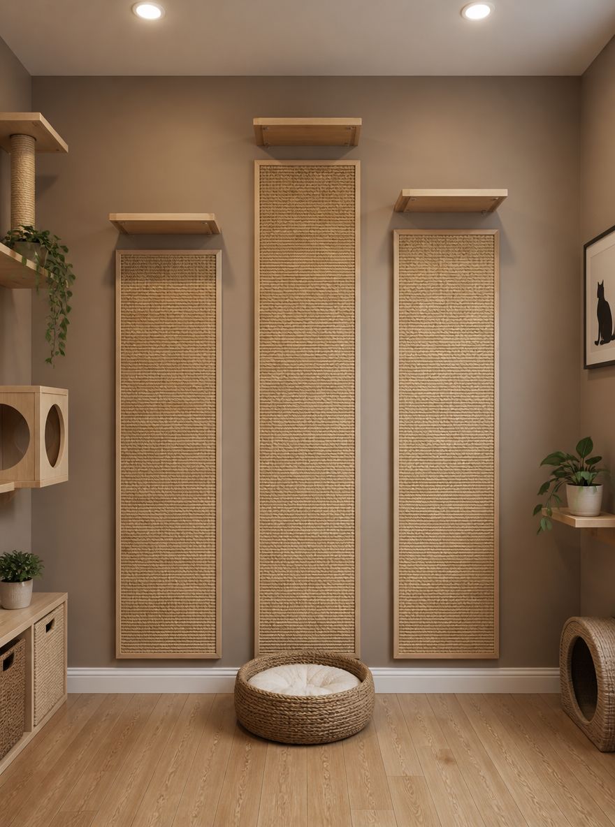 Three floor-to-ceiling sisal panels with perch shelves above