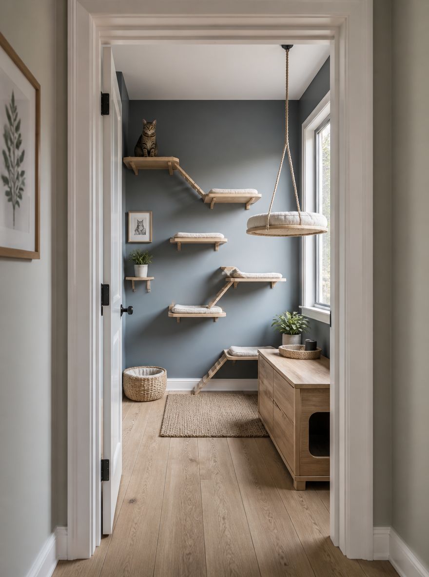 Floating platforms viewed through open doorway
