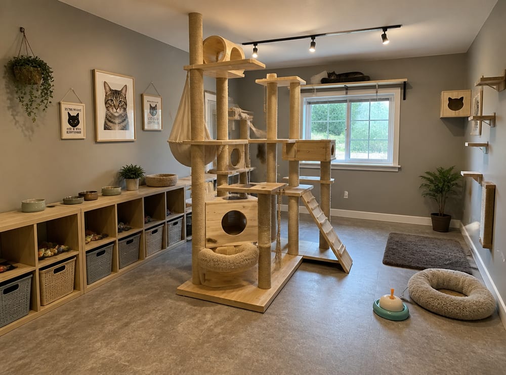 Freestanding jungle gym centered in dedicated play room