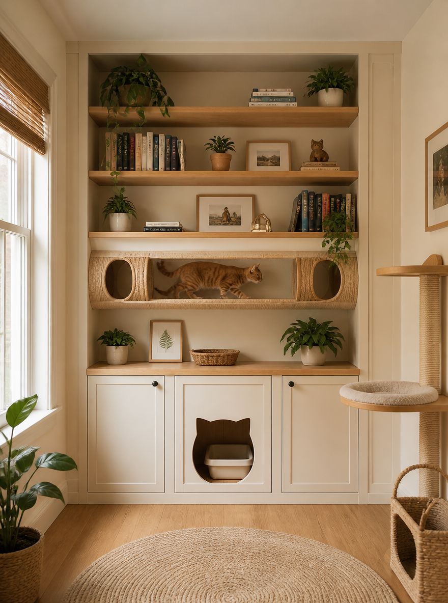 Built-in with integrated tunnel, shelves, and litter compartment